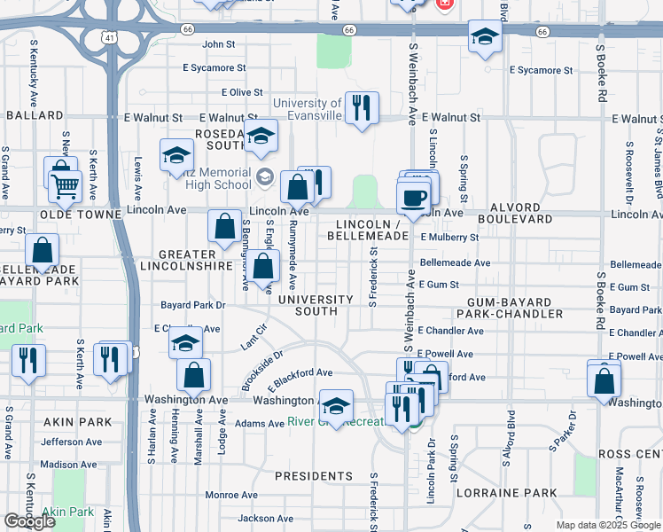 map of restaurants, bars, coffee shops, grocery stores, and more near 1717 Bellemeade Avenue in Evansville