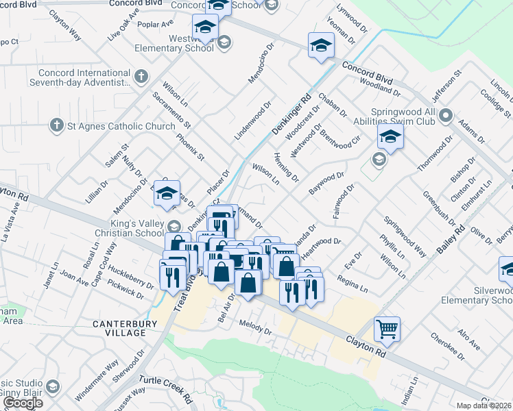 map of restaurants, bars, coffee shops, grocery stores, and more near 1620 Armstrong Court in Concord
