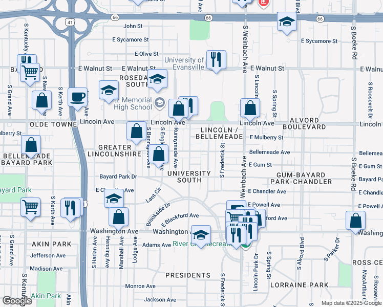 map of restaurants, bars, coffee shops, grocery stores, and more near 1701 Bellemeade Avenue in Evansville