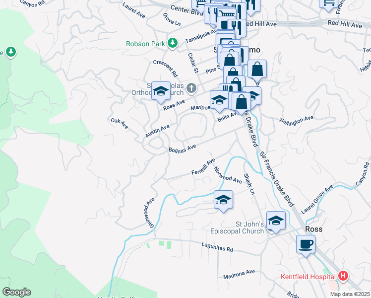 map of restaurants, bars, coffee shops, grocery stores, and more near 2 Kensington Road in San Anselmo