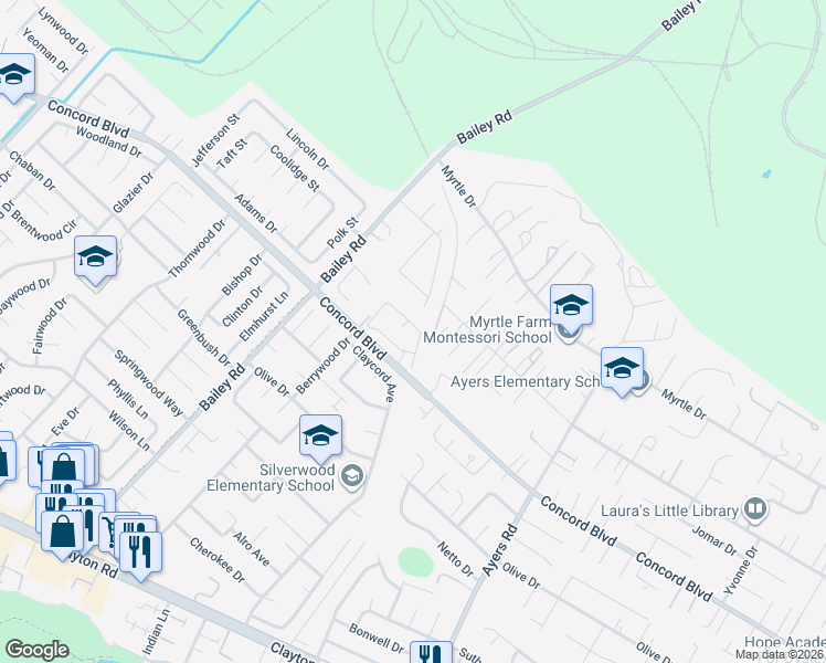 map of restaurants, bars, coffee shops, grocery stores, and more near 1804 Wildbrook Court in Concord