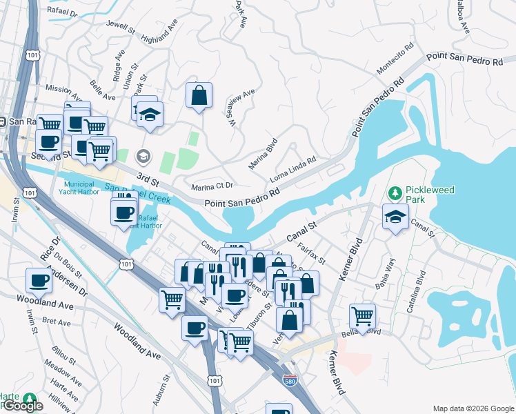 map of restaurants, bars, coffee shops, grocery stores, and more near 6 Harbor View Court in San Rafael