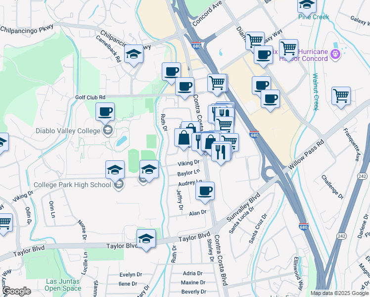 map of restaurants, bars, coffee shops, grocery stores, and more near 766 Harvard Drive in Pleasant Hill