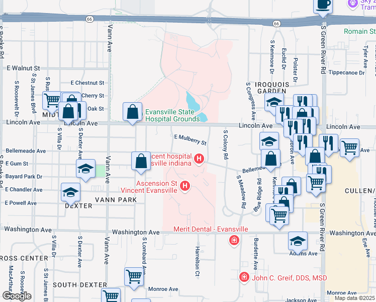 map of restaurants, bars, coffee shops, grocery stores, and more near 3700 Bellemeade Avenue in Evansville