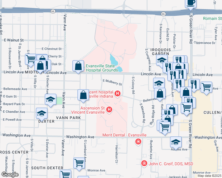 map of restaurants, bars, coffee shops, grocery stores, and more near 3700 Bellemeade Avenue in Evansville