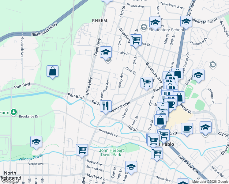 map of restaurants, bars, coffee shops, grocery stores, and more near 2521 Kelley Avenue in San Pablo