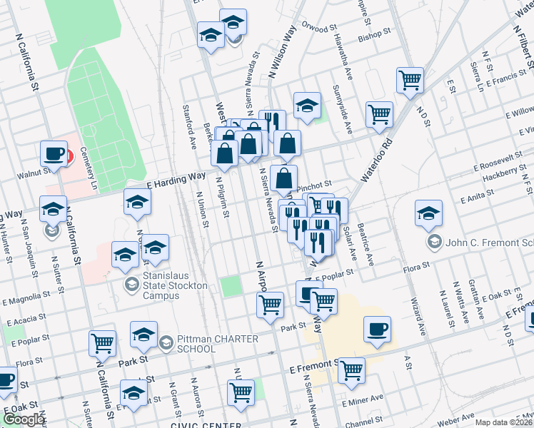 map of restaurants, bars, coffee shops, grocery stores, and more near 1151 North Sierra Nevada Street in Stockton