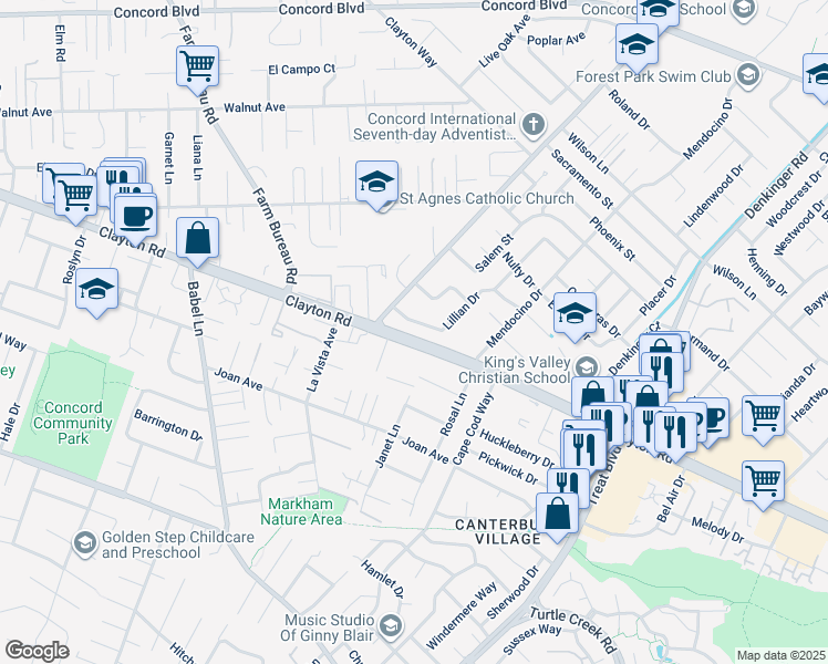map of restaurants, bars, coffee shops, grocery stores, and more near 4012 Lillian Drive in Concord