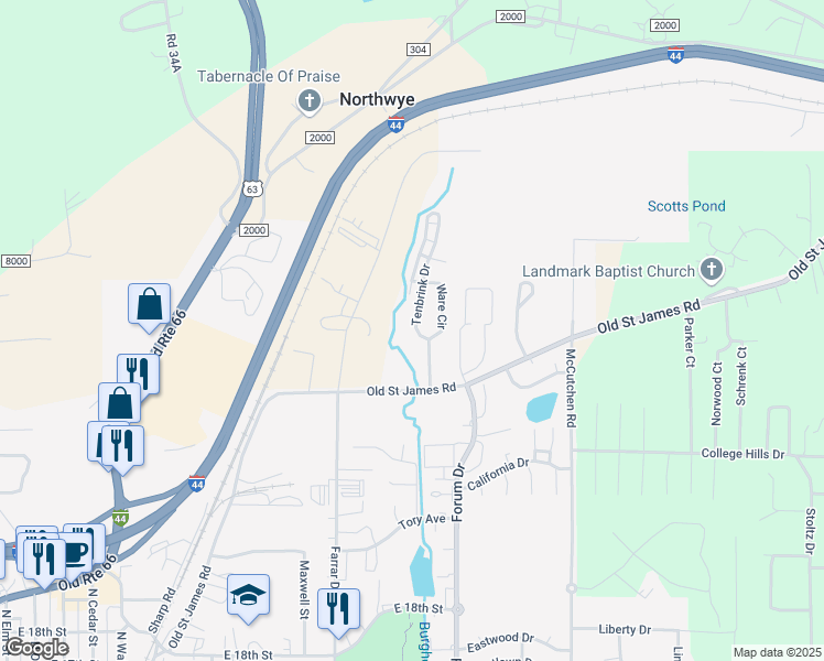 map of restaurants, bars, coffee shops, grocery stores, and more near 2125 Ware Circle in Rolla