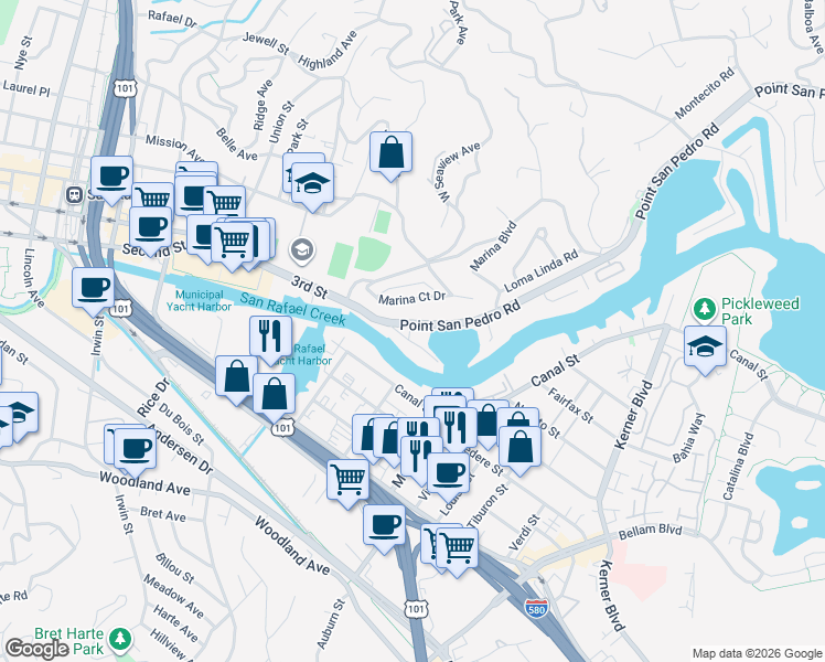 map of restaurants, bars, coffee shops, grocery stores, and more near 4 Point San Pedro Road in San Rafael