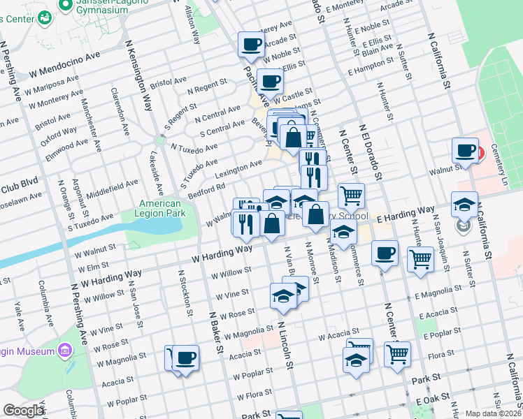 map of restaurants, bars, coffee shops, grocery stores, and more near 460 West Walnut Street in Stockton