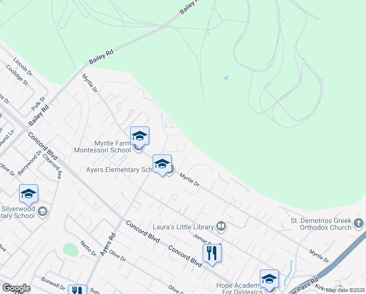 map of restaurants, bars, coffee shops, grocery stores, and more near 1956 Holly Drive in Concord