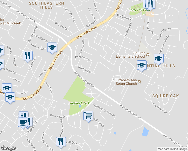 map of restaurants, bars, coffee shops, grocery stores, and more near 1672 Beringer Drive in Lexington