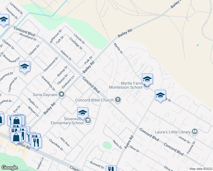 map of restaurants, bars, coffee shops, grocery stores, and more near 1804 Wildbrook Court in Concord