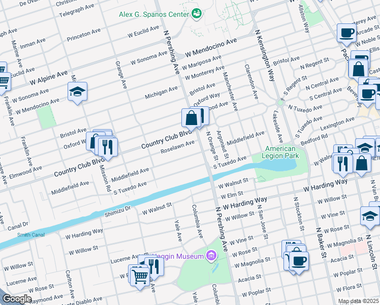 map of restaurants, bars, coffee shops, grocery stores, and more near 1441 Middlefield Avenue in Stockton