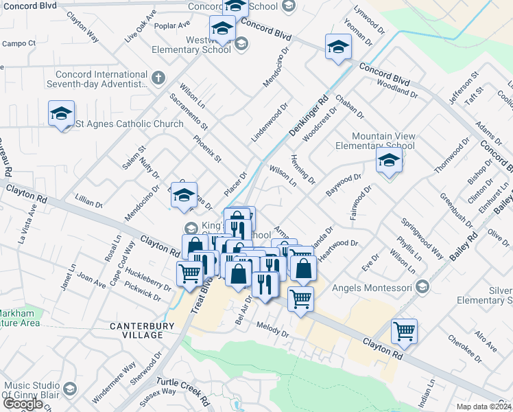 map of restaurants, bars, coffee shops, grocery stores, and more near 4229 Armand Drive in Concord
