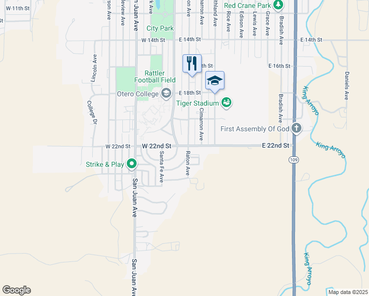 map of restaurants, bars, coffee shops, grocery stores, and more near 14 East 22nd Street in La Junta