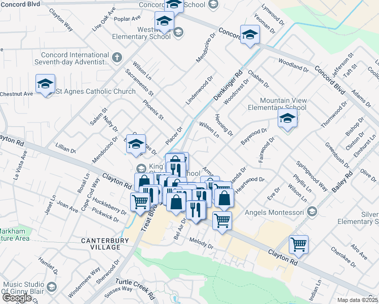 map of restaurants, bars, coffee shops, grocery stores, and more near 4229 Armand Drive in Concord