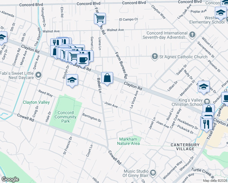 map of restaurants, bars, coffee shops, grocery stores, and more near 1462 Fox Hollow Court in Concord