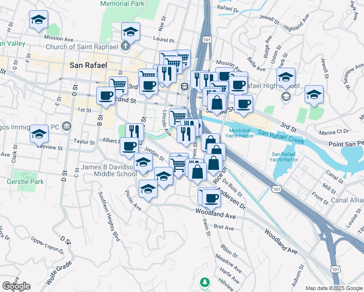 map of restaurants, bars, coffee shops, grocery stores, and more near 735 Lincoln Avenue in San Rafael