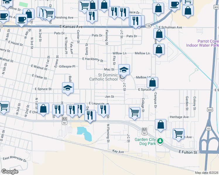 map of restaurants, bars, coffee shops, grocery stores, and more near 602 Fleming Street in Garden City