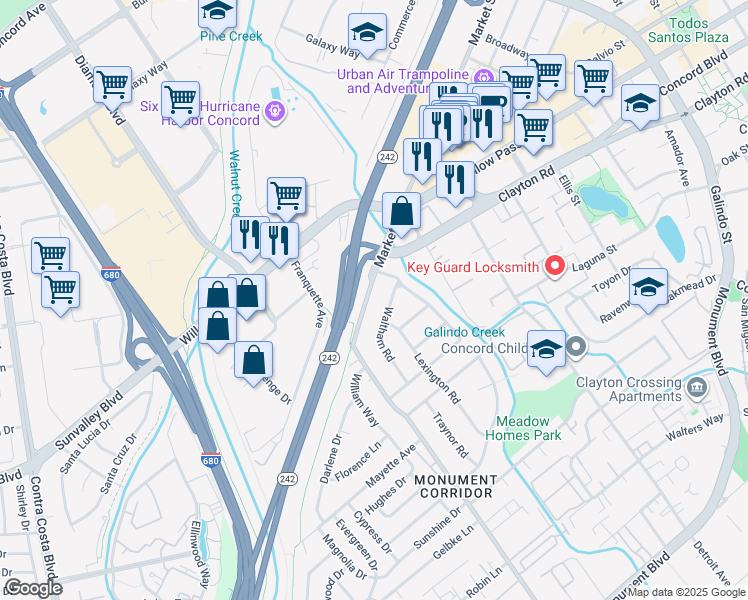 map of restaurants, bars, coffee shops, grocery stores, and more near 1720 Market Street in Concord