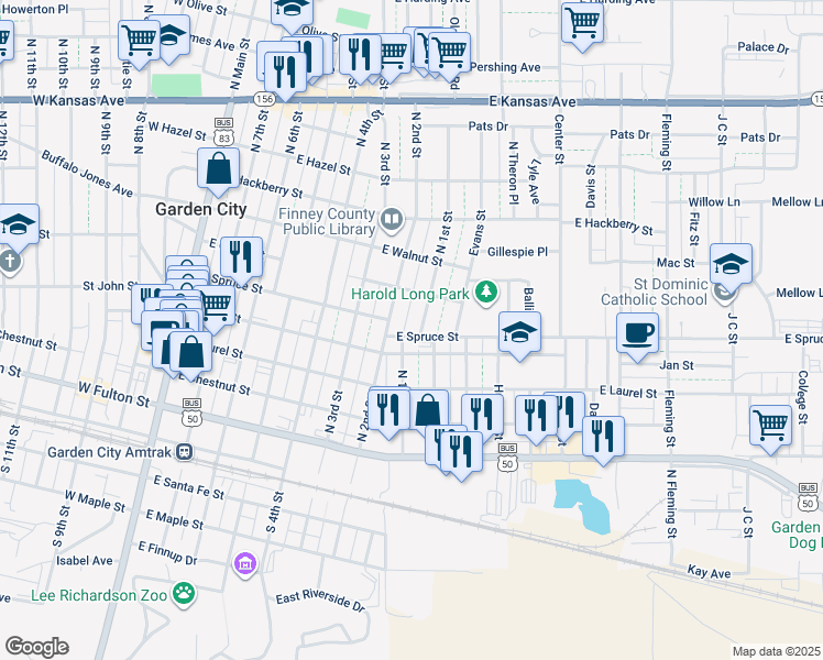 map of restaurants, bars, coffee shops, grocery stores, and more near 601 North 1st Street in Garden City