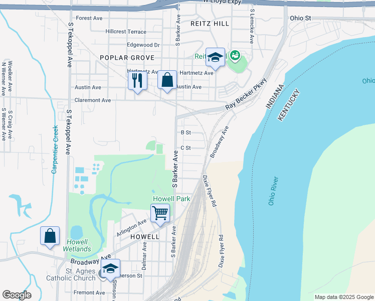 map of restaurants, bars, coffee shops, grocery stores, and more near 2832 C Street in Evansville