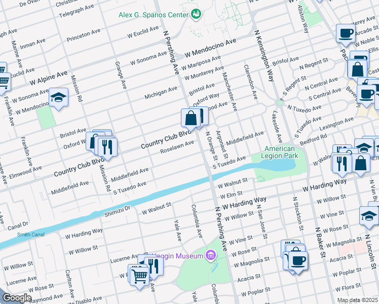 map of restaurants, bars, coffee shops, grocery stores, and more near 1441 Middlefield Avenue in Stockton