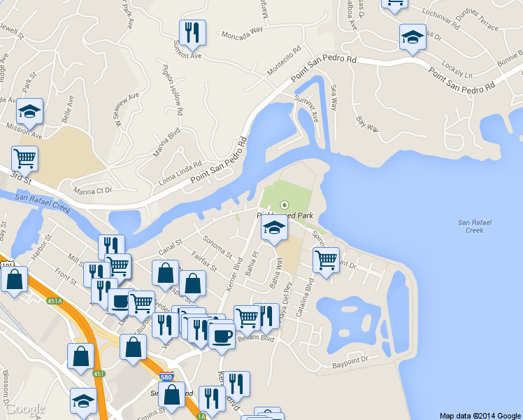 map of restaurants, bars, coffee shops, grocery stores, and more near in San Rafael