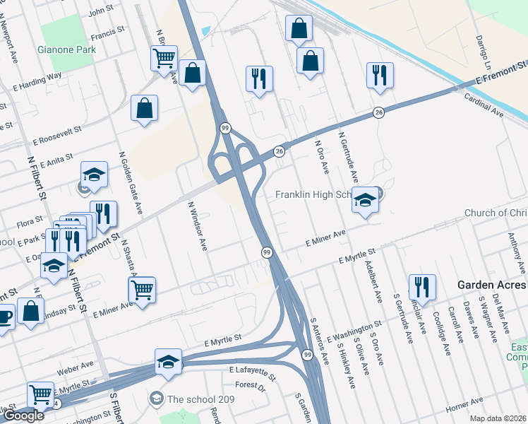 map of restaurants, bars, coffee shops, grocery stores, and more near 512 North Anteros Avenue in Stockton