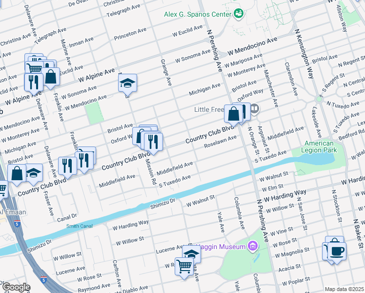 map of restaurants, bars, coffee shops, grocery stores, and more near 1736 Country Club Boulevard in Stockton
