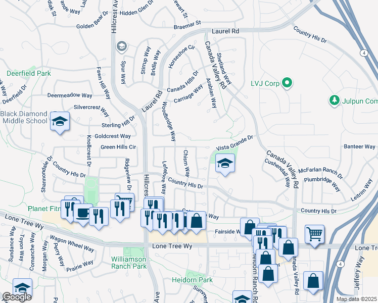 map of restaurants, bars, coffee shops, grocery stores, and more near 4805 Chism Way in Antioch