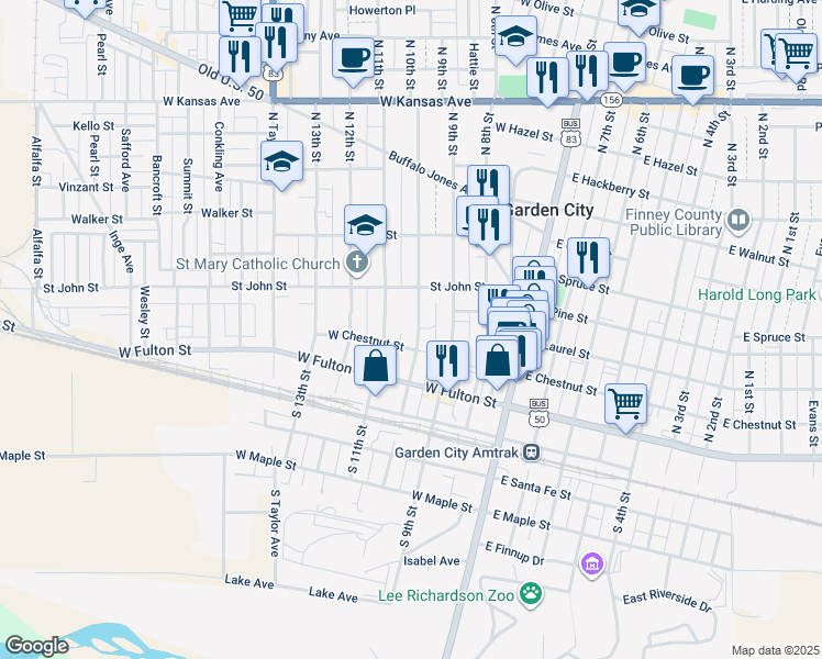 map of restaurants, bars, coffee shops, grocery stores, and more near 307 North 10th Street in Garden City