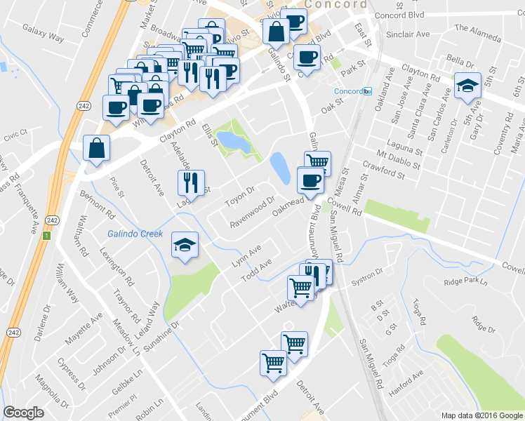 map of restaurants, bars, coffee shops, grocery stores, and more near 1802 Ravenwood Drive in Concord