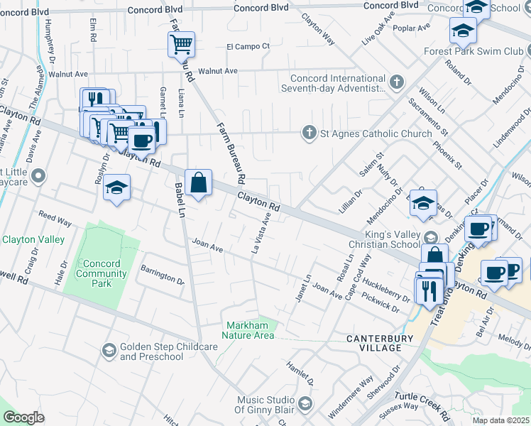 map of restaurants, bars, coffee shops, grocery stores, and more near 3892 Villa Vista Place in Concord