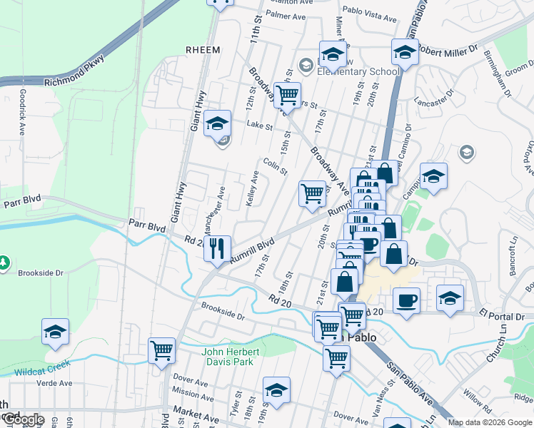 map of restaurants, bars, coffee shops, grocery stores, and more near 2557 Macarthur Avenue in San Pablo