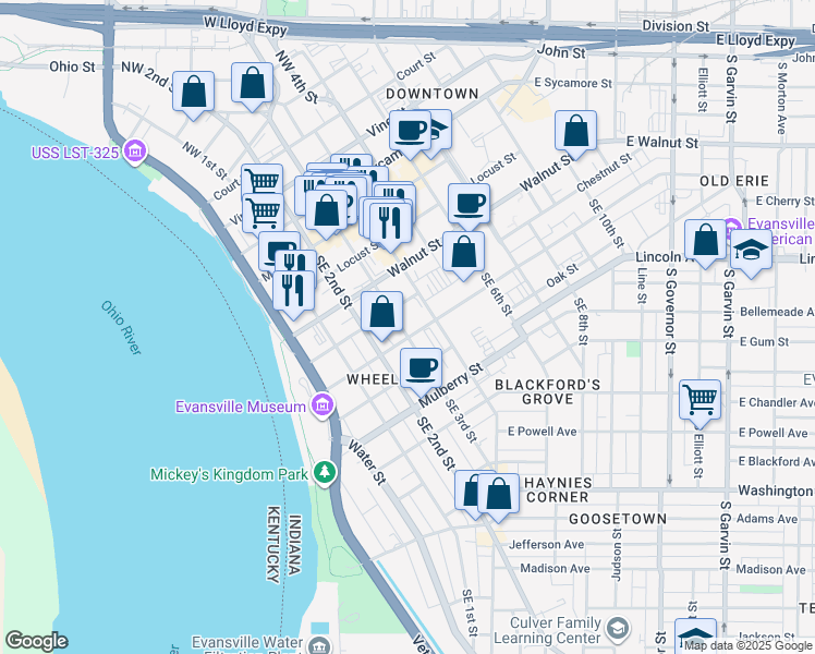 map of restaurants, bars, coffee shops, grocery stores, and more near 314 Southeast 3rd Street in Evansville