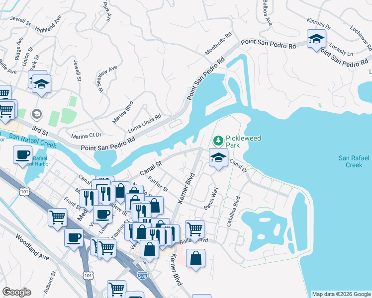 map of restaurants, bars, coffee shops, grocery stores, and more near 5 Lido Lane in San Rafael