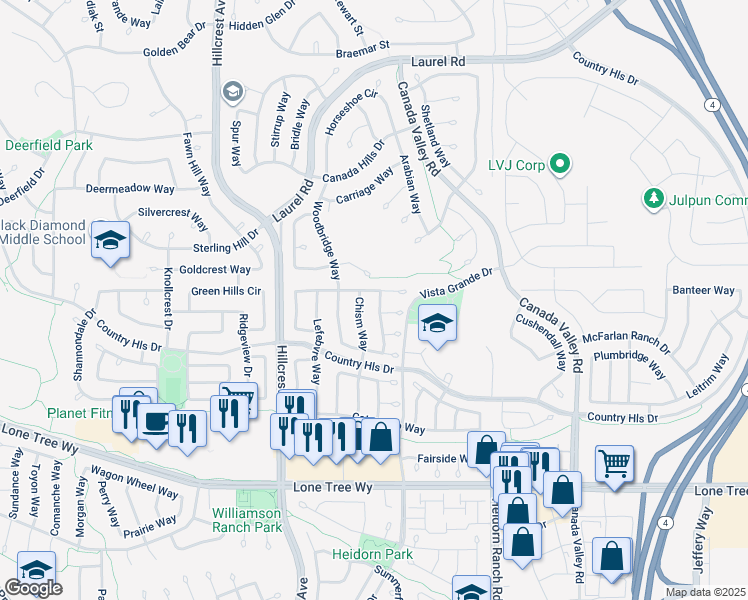 map of restaurants, bars, coffee shops, grocery stores, and more near 4805 Chism Way in Antioch