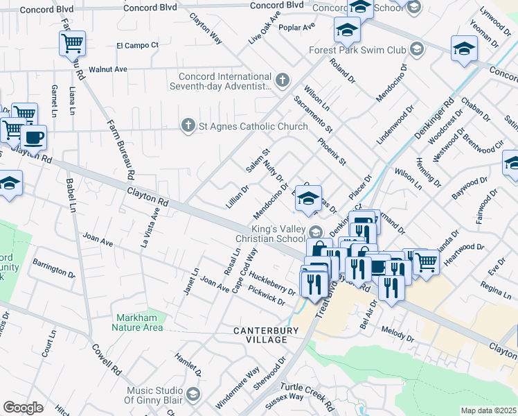map of restaurants, bars, coffee shops, grocery stores, and more near 1521 Mendocino Drive in Concord