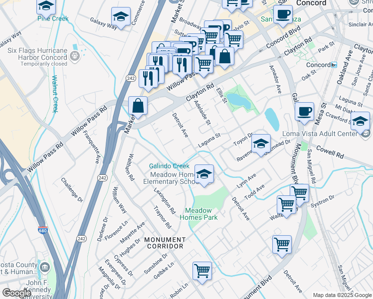 map of restaurants, bars, coffee shops, grocery stores, and more near 1501 Detroit Avenue in Concord