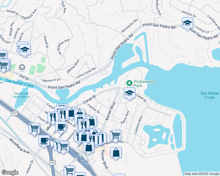 map of restaurants, bars, coffee shops, grocery stores, and more near 5 Lido Lane in San Rafael