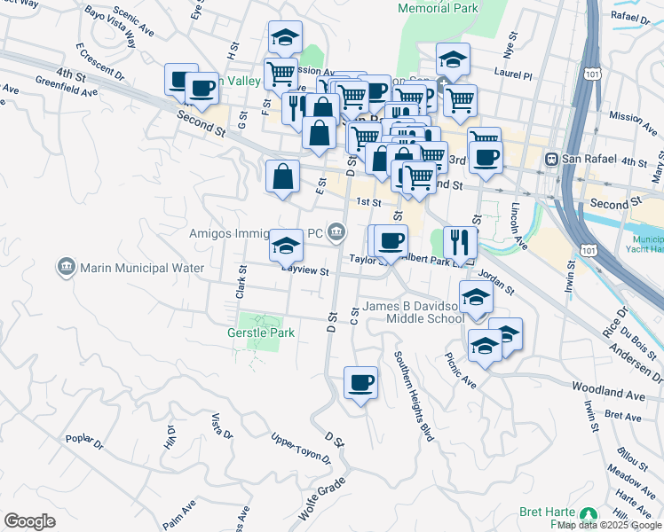 map of restaurants, bars, coffee shops, grocery stores, and more near 212 Bayview Street in San Rafael