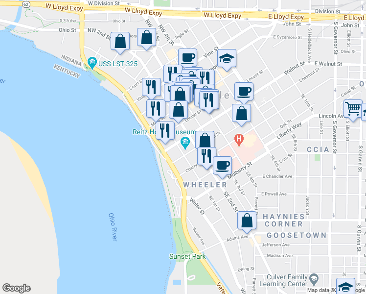 map of restaurants, bars, coffee shops, grocery stores, and more near 17 Walnut Street in Evansville