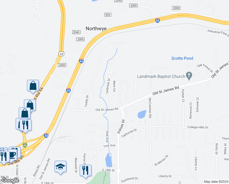 map of restaurants, bars, coffee shops, grocery stores, and more near 2125 Ware Circle in Rolla