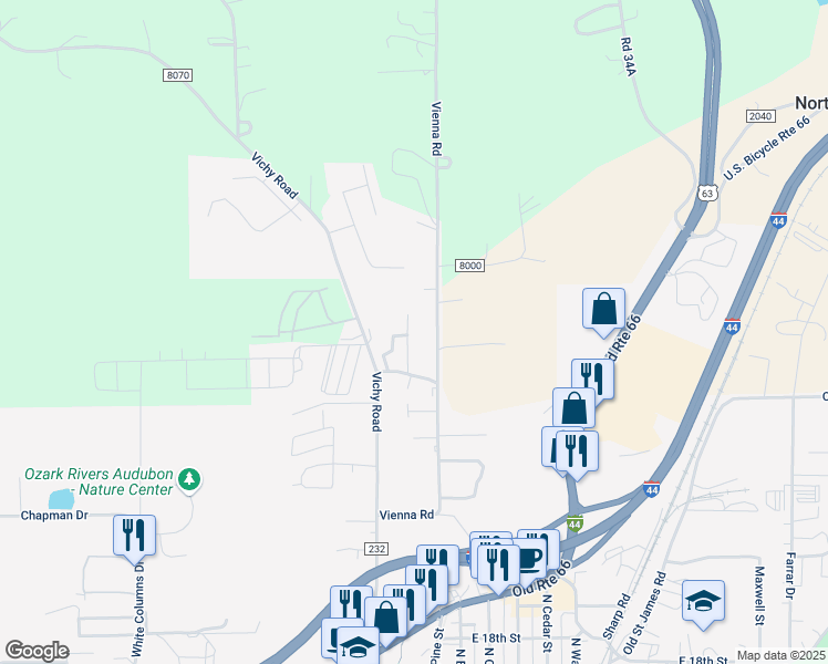 map of restaurants, bars, coffee shops, grocery stores, and more near 2407 Vienna Road in Rolla