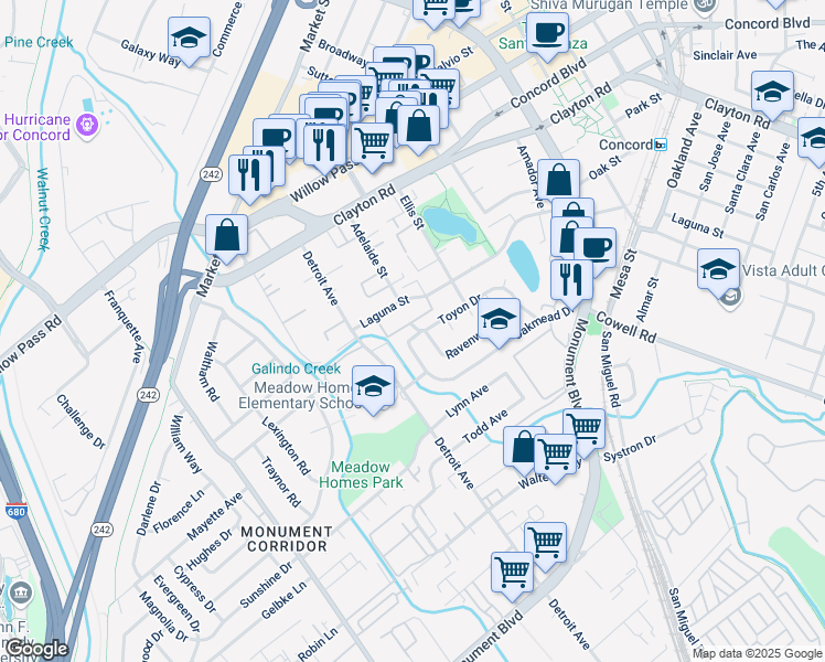 map of restaurants, bars, coffee shops, grocery stores, and more near 1463 Toyon Drive in Concord