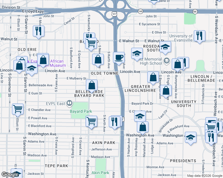 map of restaurants, bars, coffee shops, grocery stores, and more near 1125 Bellemeade Avenue in Evansville