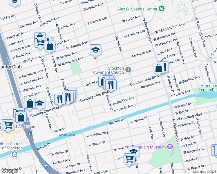map of restaurants, bars, coffee shops, grocery stores, and more near 1860 Elmwood Avenue in Stockton